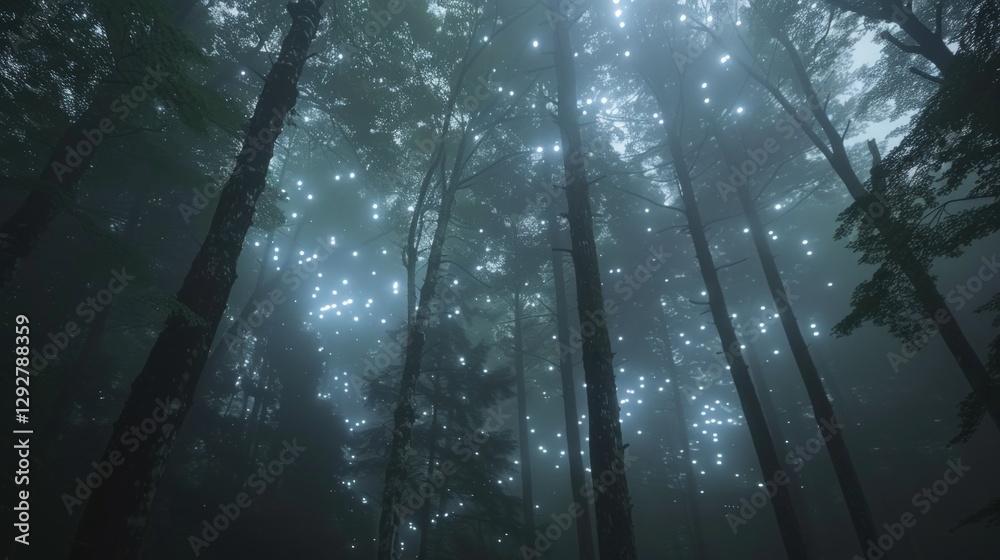 Low-angle view of a misty forest at night, illuminated by numerous glowing lights suspended among the trees. Low-angle view of a misty forest at night, illuminated by numerous glowing lights suspended among the trees.