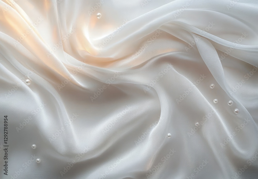 Fototapeta premium Elegant Draped Silk Fabric with Pearls Soft Light, Abstract Texture, White Background, Luxury, Glamour Silk, Pearls