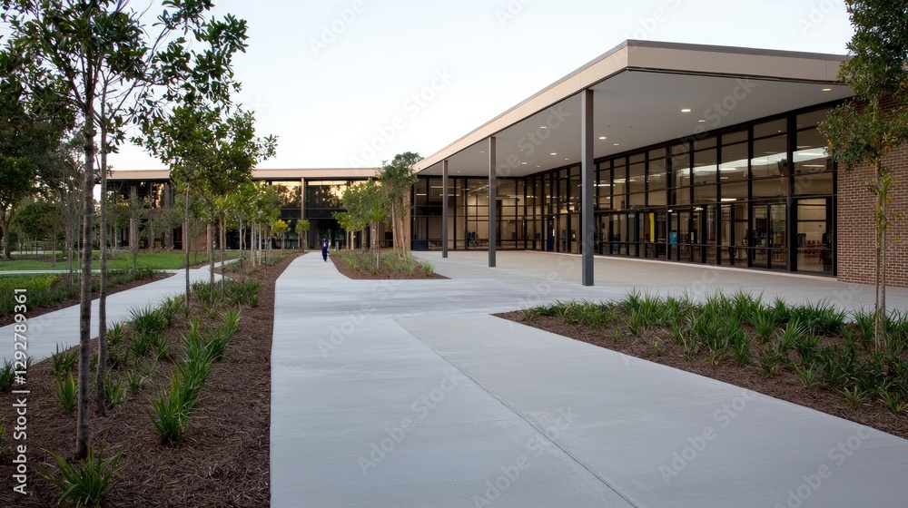Modern school campus exterior with paved walkways and landscaping. Possible use Stock photo for educational institutions Modern school campus exterior with paved walkways and landscaping. Possible use Stock photo for educational institutions