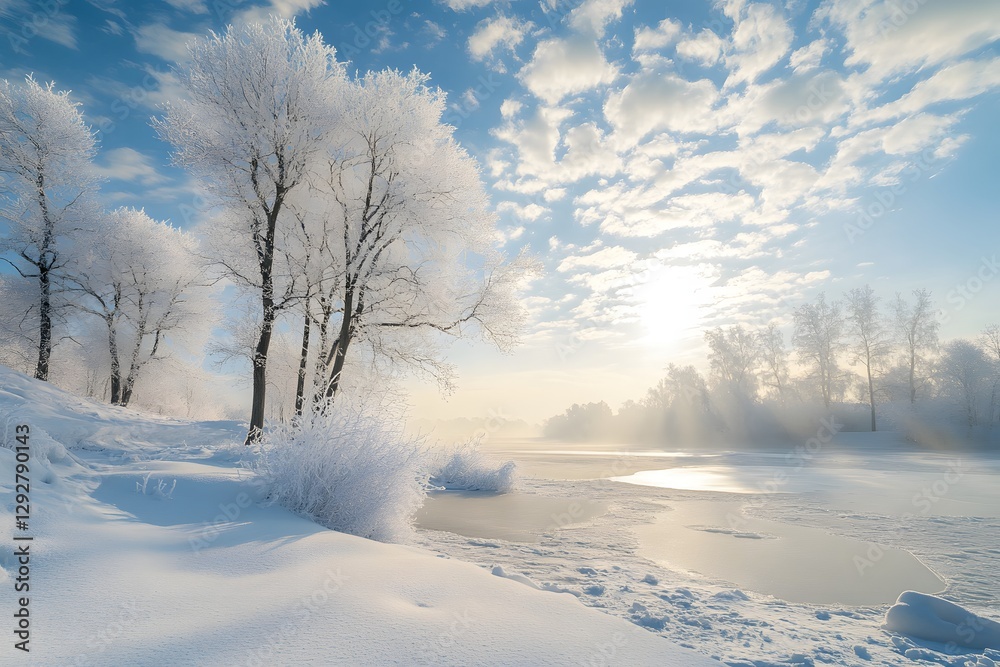 Obraz premium Frozen trees, sunlit river, winter wonderland, snowy landscape