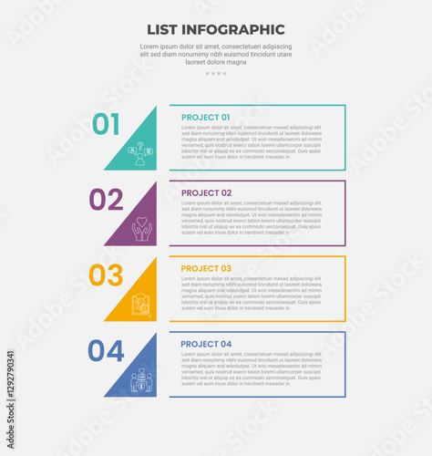 list vertical stacked process infographic outline style with 4 point template with creative triangle with rectangle sharp edge for slide presentation