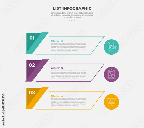 list vertical stacked process infographic outline style with 3 point template with creative ribbon badge with skew rectangle container for slide presentation