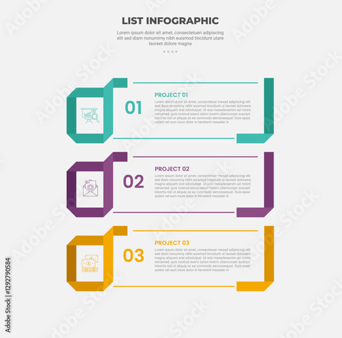 list vertical stacked process infographic outline style with 3 point template with creative ribbon flipped on square badge for slide presentation