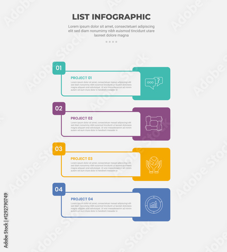 list vertical stacked process infographic outline style with 4 point template with round rectangle box with small square badge for slide presentation