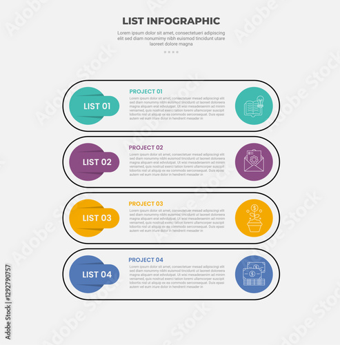 list vertical stacked process infographic outline style with 4 point template with round rectangle container with circle badge for slide presentation