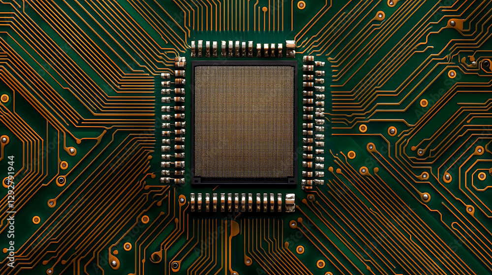 Fototapeta premium Microprocessor chip on green circuit board close-up image technology environment high-detail view electronics concept