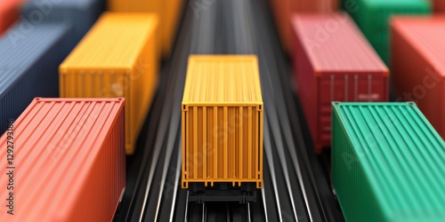 Aerial view of colorful shipping containers arranged on a rail yard track. photo