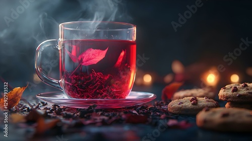 Transparent mug with hot red tea on a dark