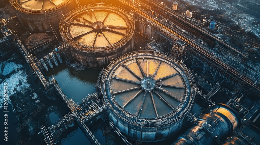 Fototapeta premium Aerial view of industrial storage tanks at sunset, showcasing infrastructure and surroundings