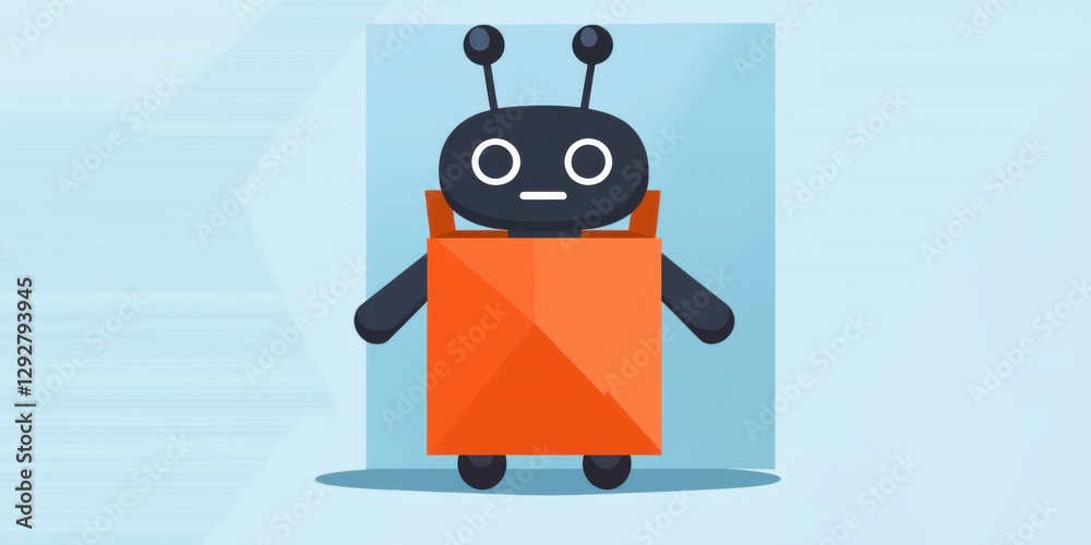 Naklejka premium A cute robot character in an orange box with antennae, set against a light blue background.