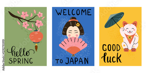 Promo templates for a Japanese travel. Advertising with national oriental attributes. Hanami festival