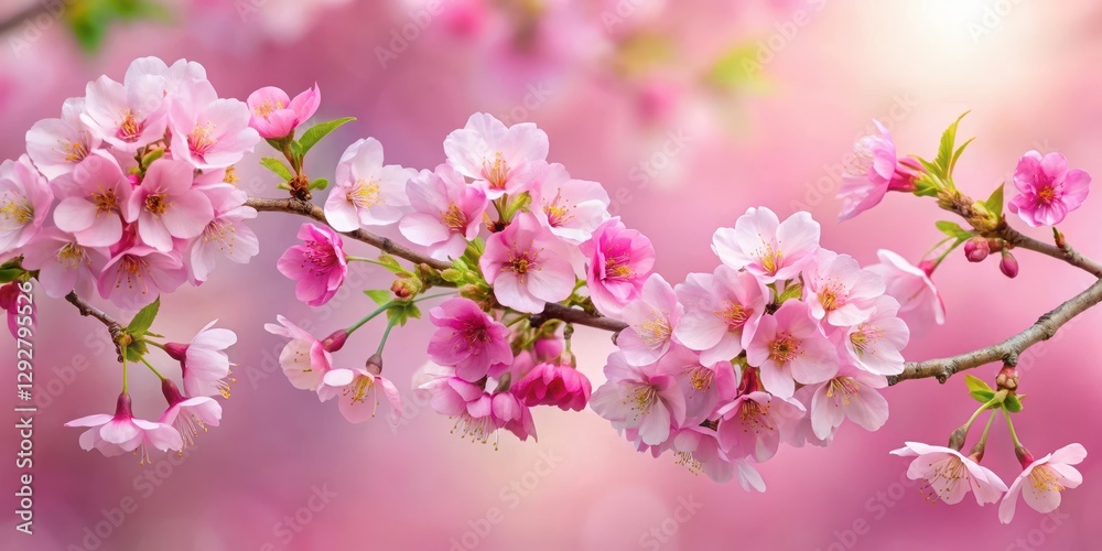 Pink cherry blossoms are in full bloom on a lush green tree branch against a soft pink background with delicate petals and gentle curves, botanical images, spring flowers Pink cherry blossoms are in full bloom on a lush green tree branch against a soft pink background with delicate petals and gentle curves, botanical images, spring flowers
