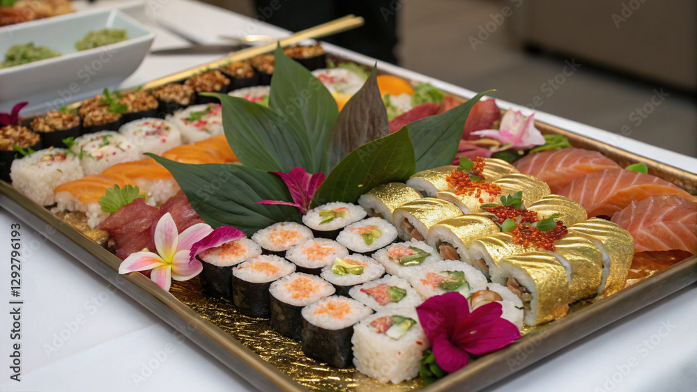 Fototapeta premium Premium sushi roll platters cpncept, Luxurious sushi platter with assorted rolls, fresh fish, and garnishes