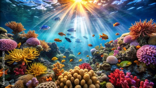 Vibrant Underwater Scene with Colorful Coral Reefs and Fish