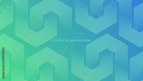 Green and blue gradient background with hexagon geometric lines pattern. Abstract shiny hexagon lines. Futuristic technology concept