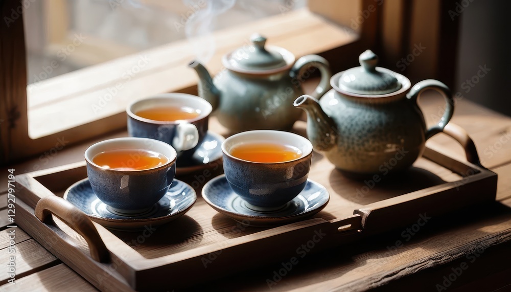 Aromatic Tea Ceremony Two Teacups and Two Teapots on Wooden Tray near Window Aromatic Tea Ceremony Two Teacups and Two Teapots on Wooden Tray near Window