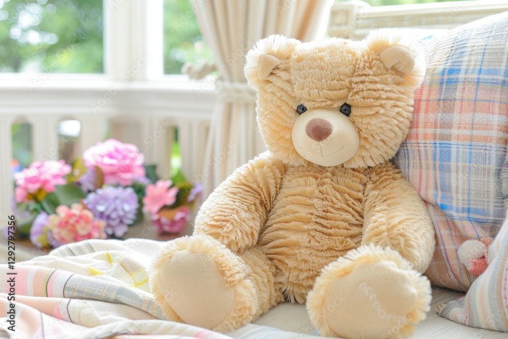 A soft teddy bear sits on a cozy bed, surrounded by colorful flowers in a bright and inviting room. A soft teddy bear sits on a cozy bed, surrounded by colorful flowers in a bright and inviting room.