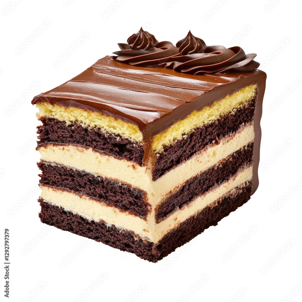 Delectable piece of moist cake topped with rich chocolate frosting and decorated with chocolate shavings on a plate isolated on transparent background.. Delectable piece of moist cake topped with rich chocolate frosting and decorated with chocolate shavings on a plate isolated on transparent background..