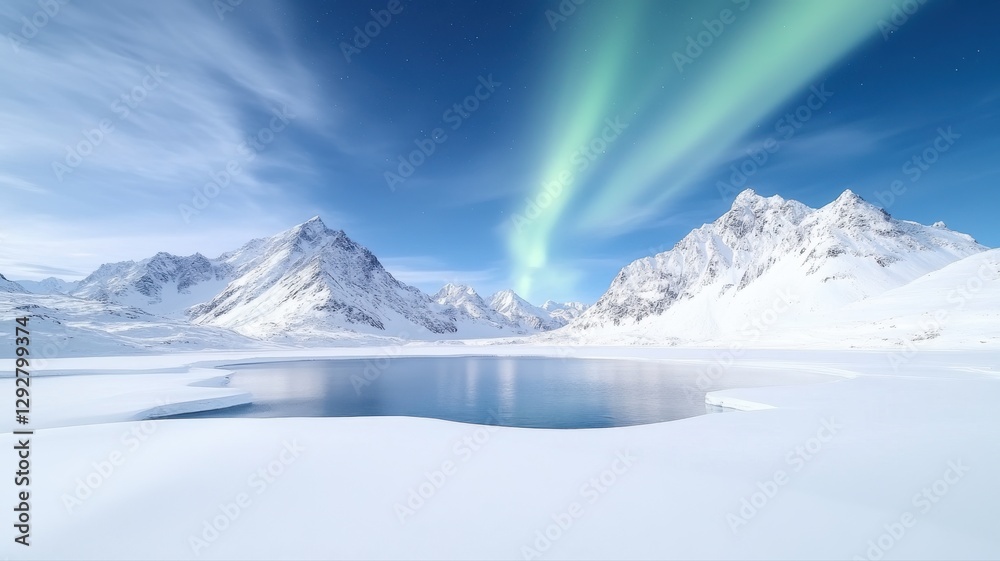 Obraz premium Stunning aurora borealis over snowy mountains and calm lake, showcasing natural beauty and tranquil wilderness.
