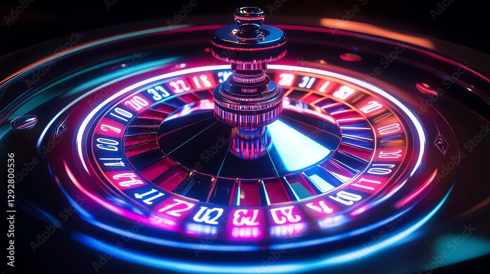 Illuminated roulette wheel with vibrant colors on a dark background. Illuminated roulette wheel with vibrant colors on a dark background.