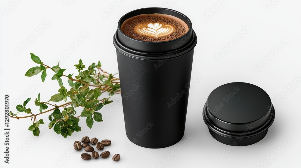 Elegant black coffee cup with latte art, coffee beans, and fresh herbs on a minimalist background Elegant black coffee cup with latte art, coffee beans, and fresh herbs on a minimalist background