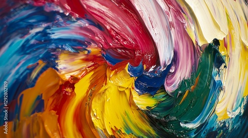 Oil painting with no particular image that uses many colors to create a beautiful design. Painted on a canvas with brush strokes that are clearly visible. 