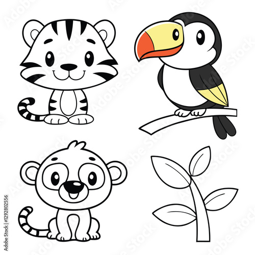 Color Your Favorite Jungle Animals Tiger Cub, Monkey, Frog, Toucan, and Parrot