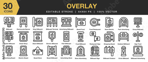 Overlay icon set. Editable Stroke Icon Collection. Includes billboard, advertisement, commercial, poster, advertising, and More. Outline icons vector collection.
