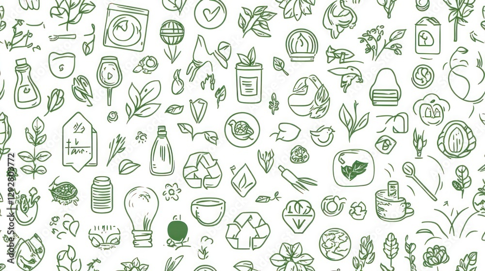 A seamless pattern of line art icons representing environmentally friendly practices, such as eco-friendly symbols and green elements, on a white background. A seamless pattern of line art icons representing environmentally friendly practices, such as eco-friendly symbols and green elements, on a white background.