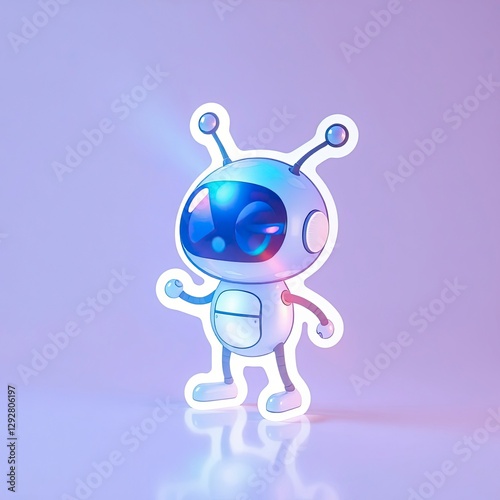 A bot sticker bathed in iridescent light, reflections creating a halo effect. Clean background, commercial use intended, sharp focus