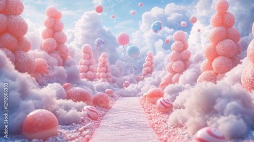 Pink Candy Land Dreamscape with Whimsical Clouds, Pastel Sky, Generated AI