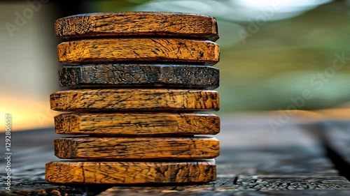Wooden Discs Stacked on Rustic Table photo