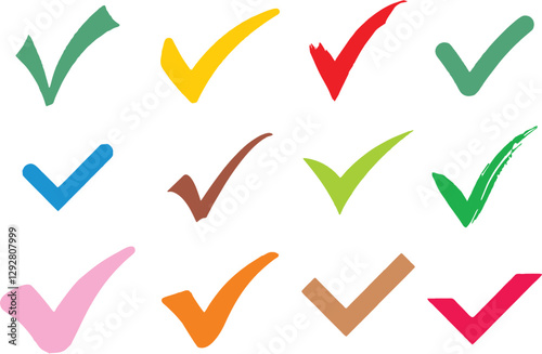 Different Check mark right or correct icons. Different style and shape checklist designs. Check-mark for voting, approval, selection, business, office, poster, and web designs. Editable vector, EPS 10