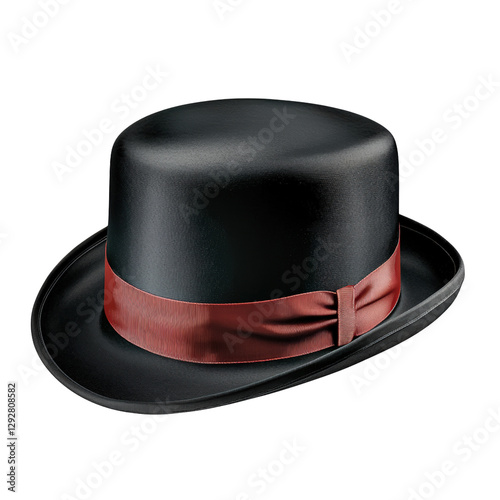 Elegant black top hat adorned with a chic red ribbon perfect for formal events, parties, and vintage dress-up occasions isolated on transparent background..