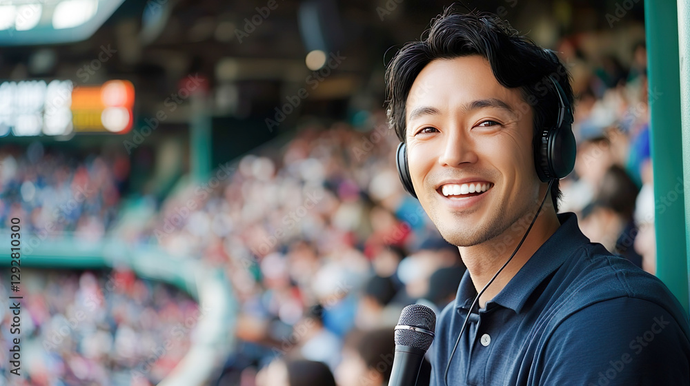 Fototapeta premium スタジアムで実況をするアジア人の男性リポーターのイメージ