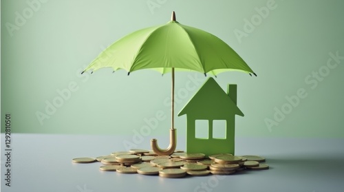 A green umbrella over a small house and scattered coins on a gray table
