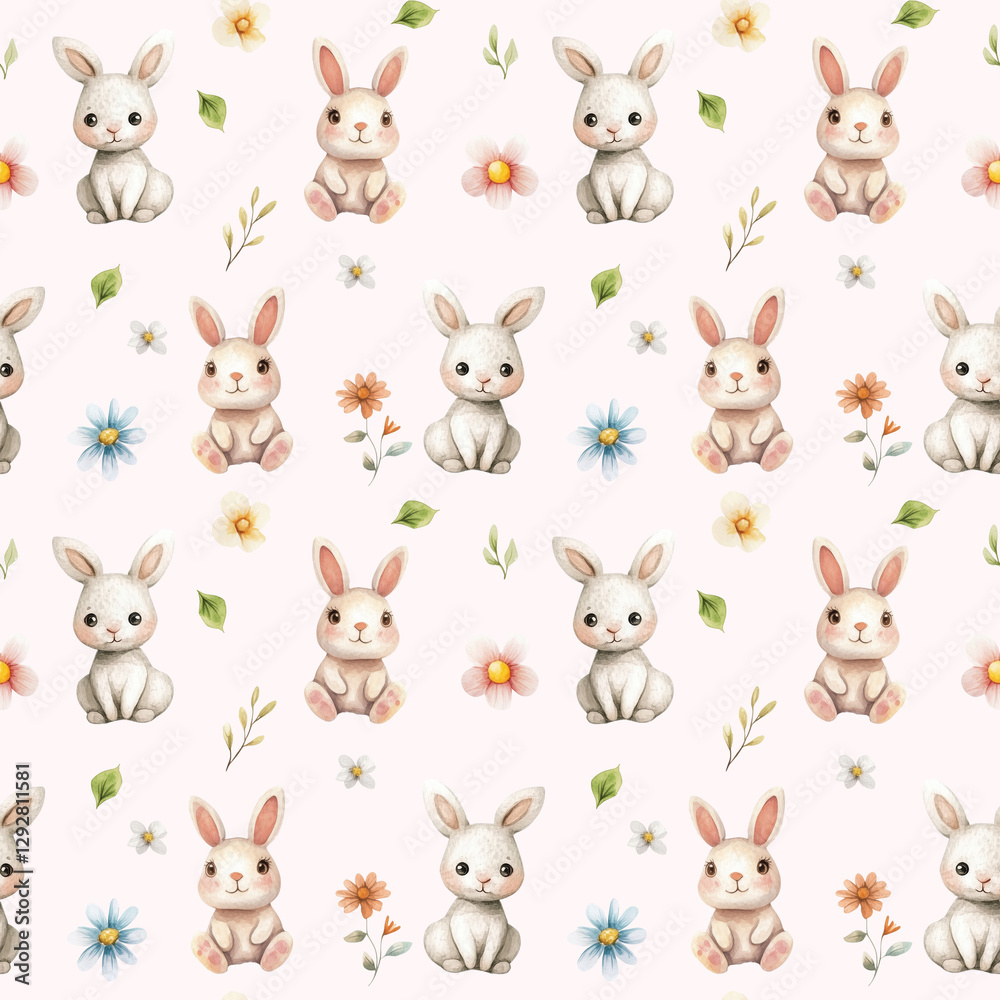 Easter bunny digital paper. Rabbits, tiny flowers, watercolor seamless pattern. Repeating tile for wrapping, fabric, kids textile, children's clothing, spring holiday wallpaper, pink background
Easter bunny digital paper. Rabbits, tiny flowers, watercolor seamless pattern. Repeating tile for wrapping, fabric, kids textile, children's clothing, spring holiday wallpaper, pink background