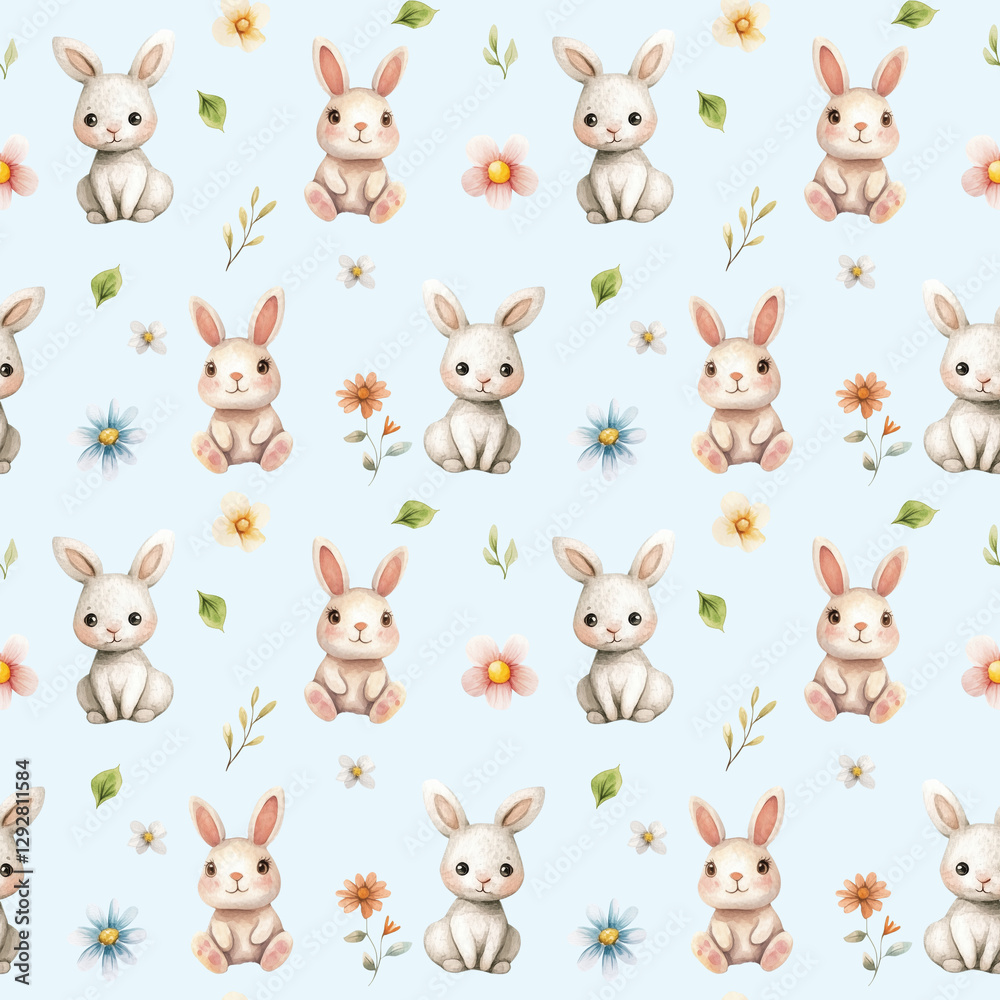 Easter bunny digital paper. Rabbits, tiny flowers, watercolor seamless pattern. Repeating tile for wrapping, fabric, kids textile, children's clothing, spring holiday wallpaper, blue background
Easter bunny digital paper. Rabbits, tiny flowers, watercolor seamless pattern. Repeating tile for wrapping, fabric, kids textile, children's clothing, spring holiday wallpaper, blue background