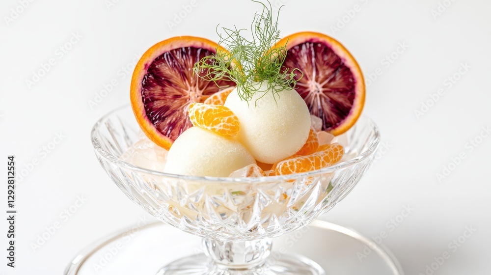 Gourmet Shaved Ice with Organic Flowers and Artisan Touch, Refreshing citrus sorbet in a crystal bowl with garnishes. Gourmet Shaved Ice with Organic Flowers and Artisan Touch, Refreshing citrus sorbet in a crystal bowl with garnishes.