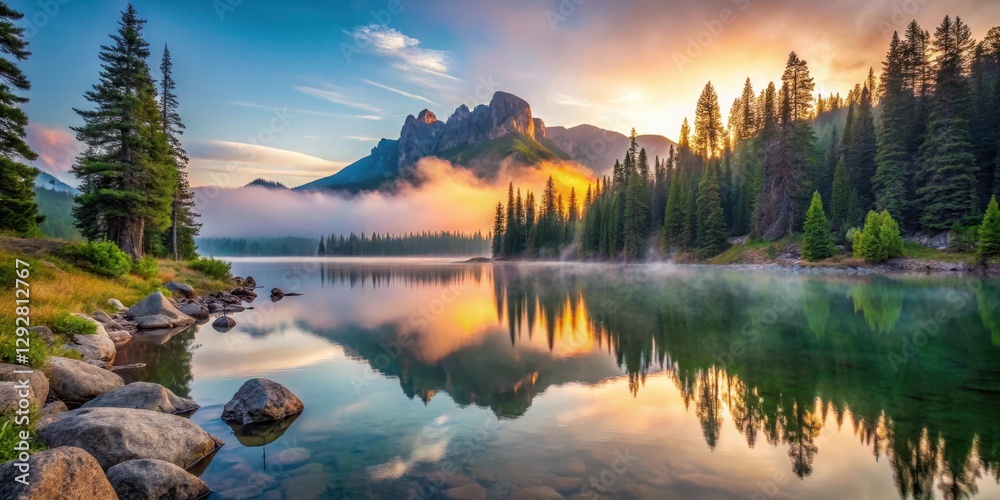 Fototapeta premium Serene mountain lake at sunrise with misty fog, surrounded by pine trees and rocky cliffs, reflecting the vibrant colors of the sky , rocky cliff, serene landscape