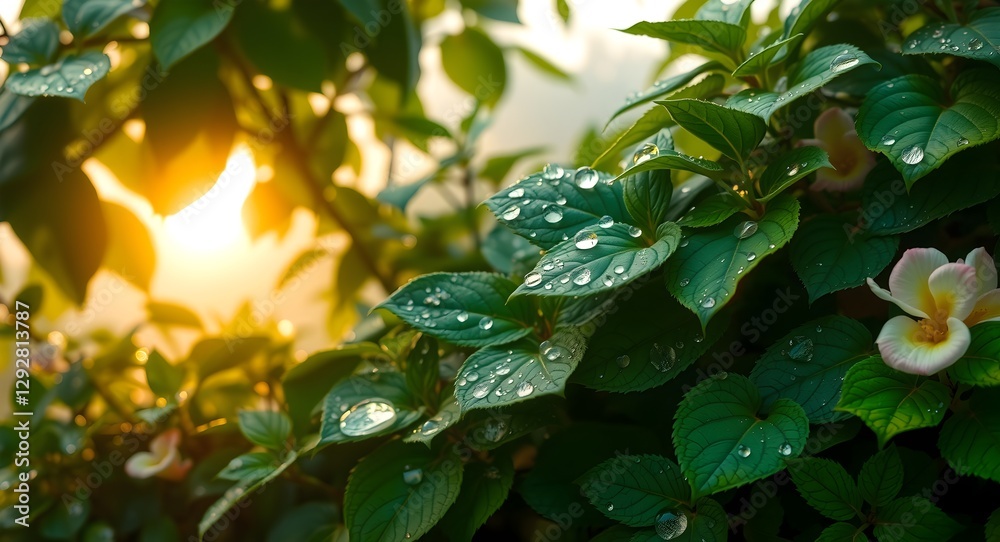 Vibrant green leaves, sprinkled with fresh morning dew, surround a delicate yellow and pink petal in a sunlit garden Vibrant green leaves, sprinkled with fresh morning dew, surround a delicate yellow and pink petal in a sunlit garden