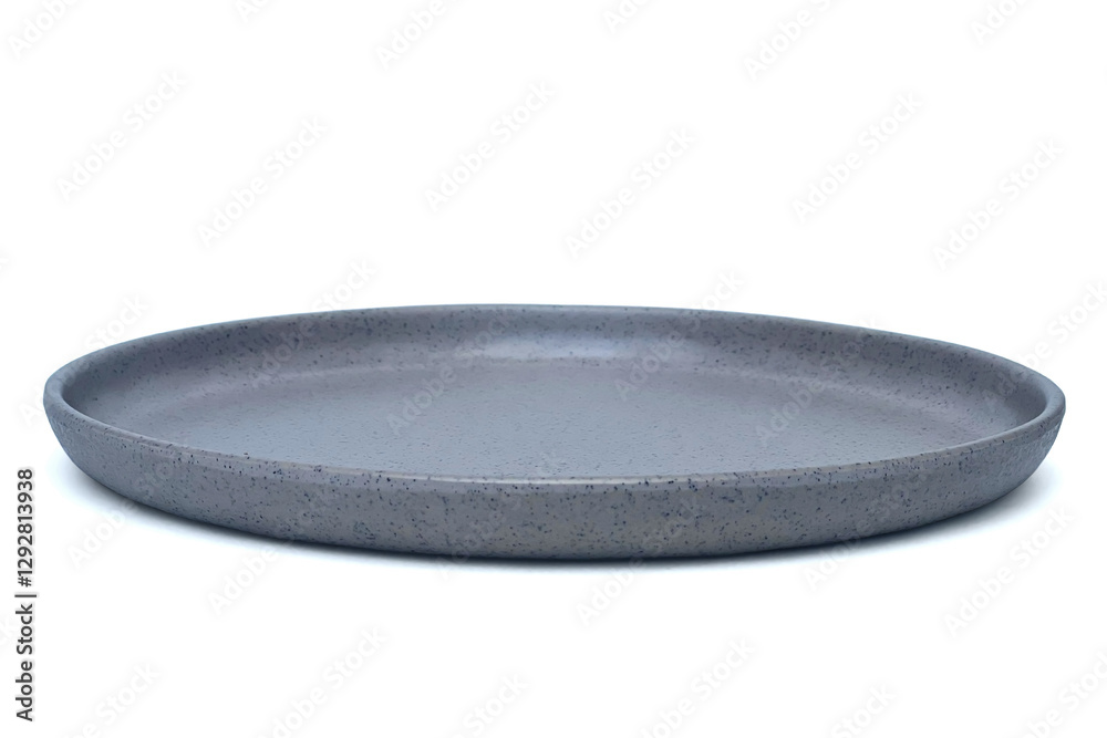 Empty modern trendy grey ceramic plate isolated on white background with clipping path. Front or side view of gray round tray plate mockup for food design composition.
