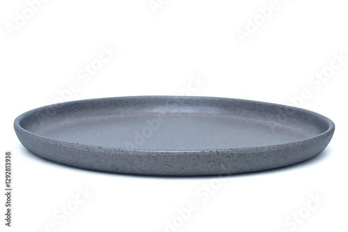 Empty modern trendy grey ceramic plate isolated on white background with clipping path. Front or side view of gray round tray plate mockup for food design composition.