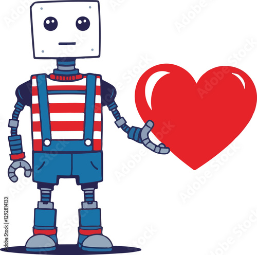 A cartoon robot holds a large red heart, expressing care