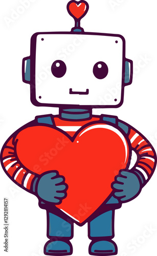 A cartoon robot holds a large red heart, expressing care