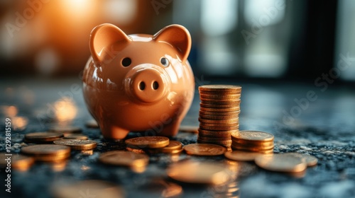 A Close-Up of a Piggy Bank Surrounded by Stacked Coins and Loose Change on a Soft Surface, Highlighting Savings and Financial Management Concepts in a Softly Lit Environment photo