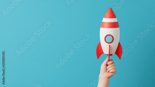 Close up kid hand holding rocket isolated blue background. copy space