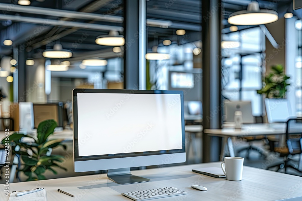 Cropped Shot of Simple Workspace with Blank Screen Computer on White Table with Blurred Office Room Cropped Shot of Simple Workspace with Blank Screen Computer on White Table with Blurred Office Room