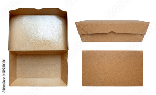 Empty takeout cardboard food boxes isolated on a white background with clipping path. Collection of brown craft paper lunch box mockup with copy space.