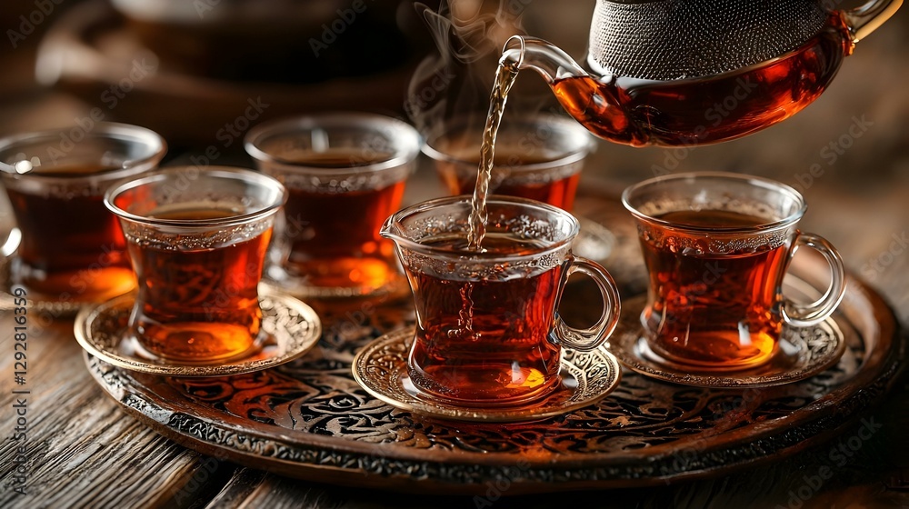 Fototapeta premium black tea in a teapot is poured into cups